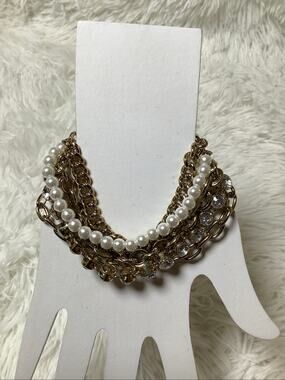 Off Park Collection Multi Strand Faux Pearl Crystal Gold Chain Bracelet A4-39